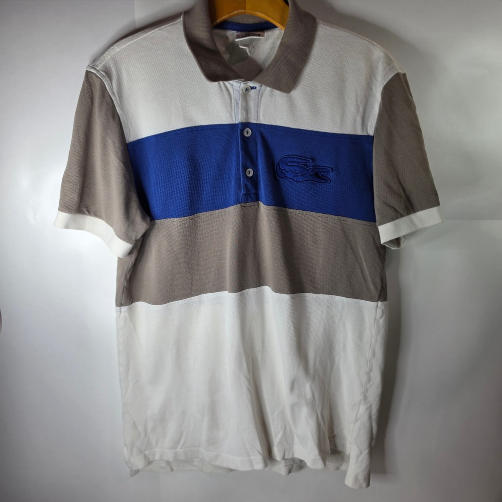 Lacoste Polo Shirt Mens 3 S Colorblock Big Logo Pique Short Sleeve White Blue - Picture 1 of 7
